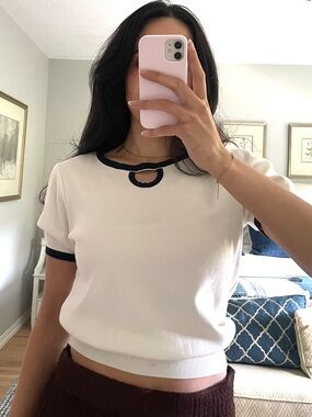 White Short Sleeve Keyhole Knit Top
